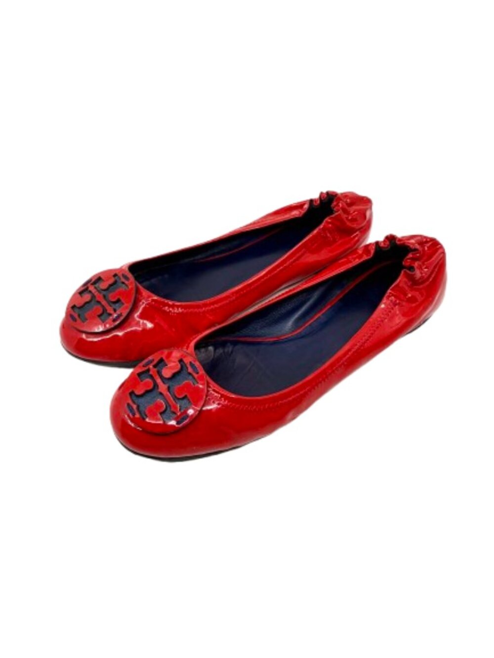 TORY BURCH~Reva Logo~BALLET FLATS~Ruby Red Patent Leather Shoes~SIZE 8